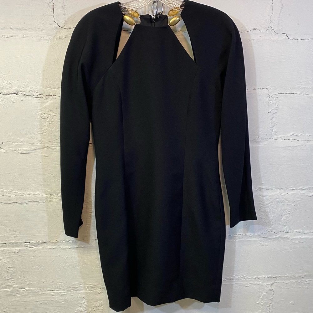 Gillian Black Dress w/ Gold Metal Accents w/ Cut Outs Around Neckline Elegant